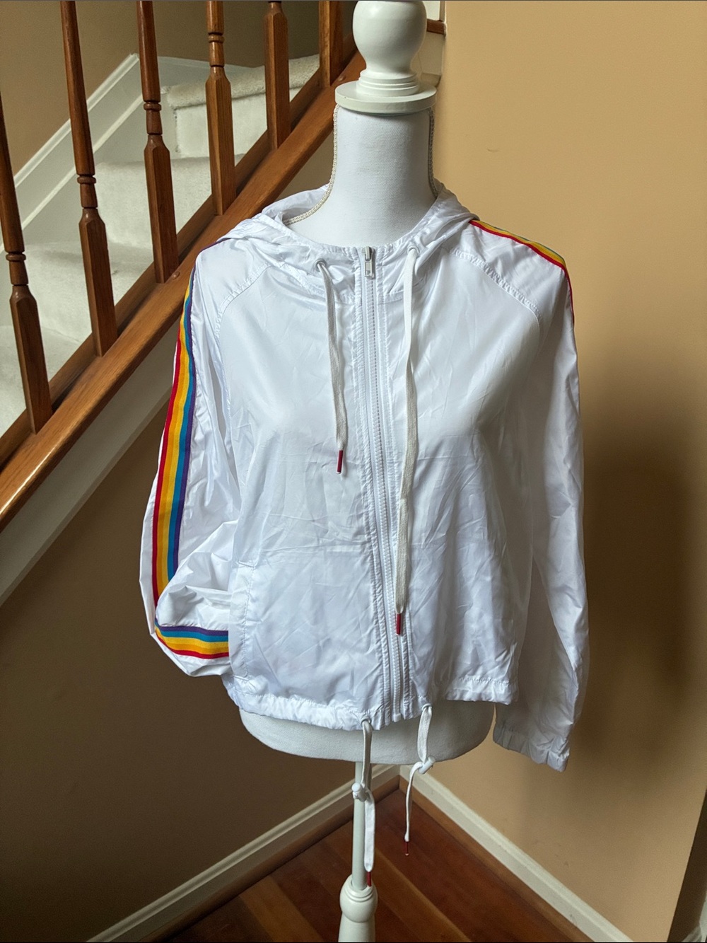 White Hooded Bomber Jacket with Rainbow Sleeve Stripes